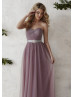 A-line Sweetheart Neck Mauve Ruched Tulle Bridesmaid Dress With Beaded Sash